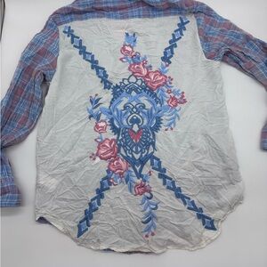Kyla Seo for Anthropologie Blue/Pink Plaid, Embroidered, Roll Tab Sleeves, Med‎